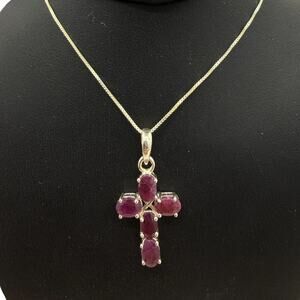 Natural Ruby Cross Pendant 18in Necklace 925 Sterling Silver Religious Artisan